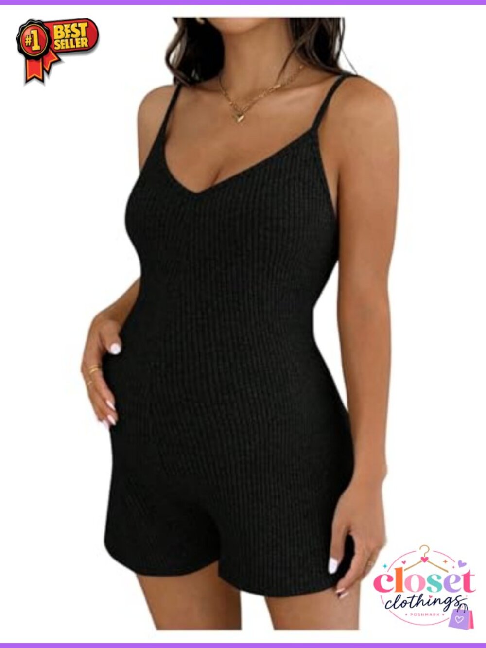 Maternity Cami Romper Rib Knit Short Overall Jumpsuit Adjustable Straps - Picture 1 of 4